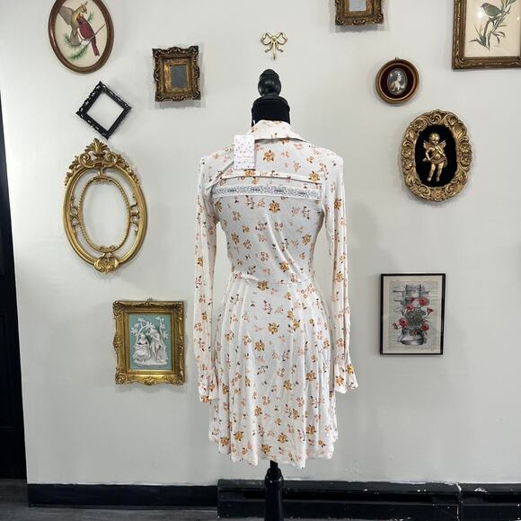 Free People Cream Floral Lace Trim Long Sleeve Mini Dress - Picture 5 of 6